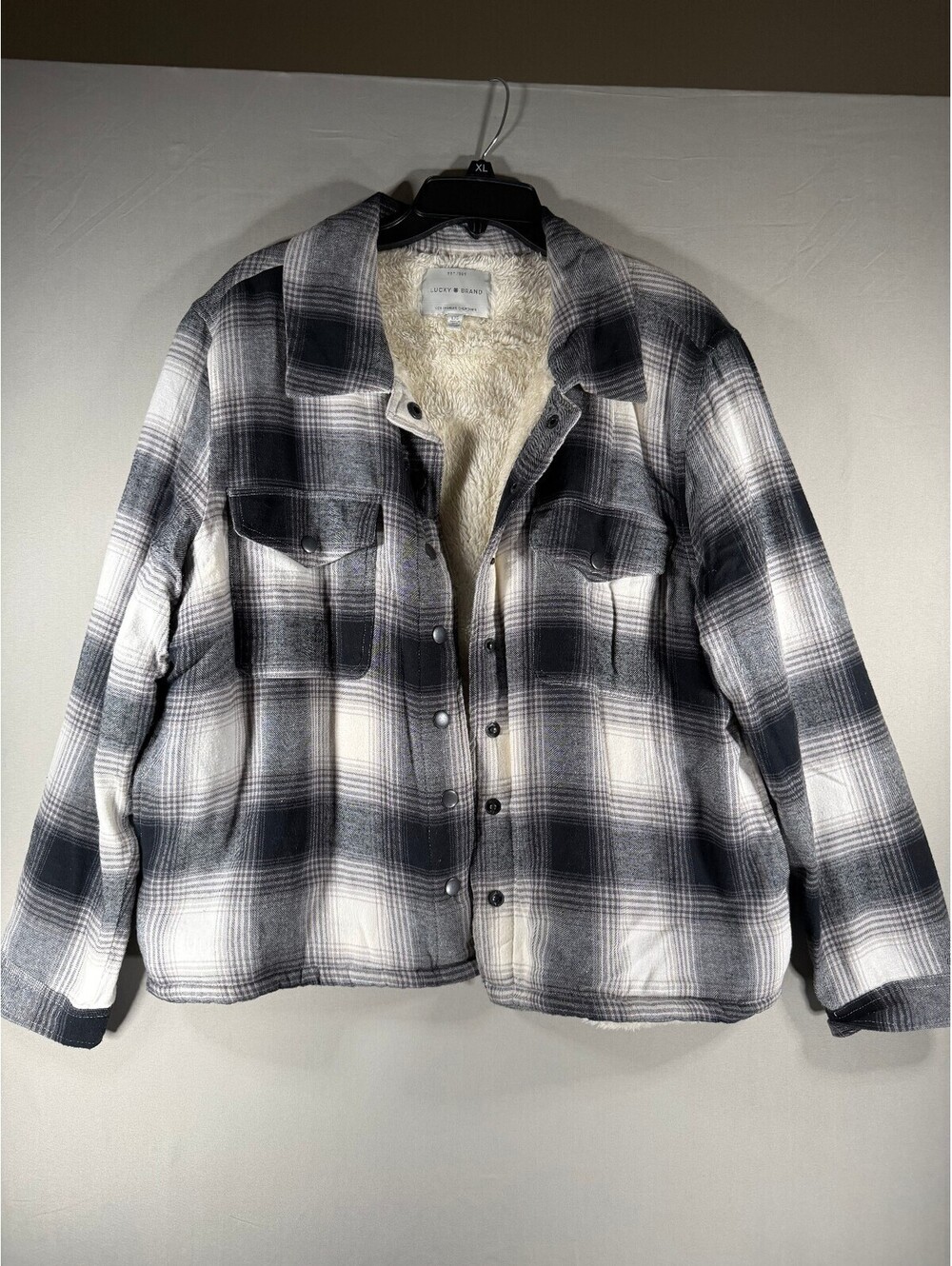 Lucky Brand Black and White Plaid Flannel Sherpa Lined Jacket Size Large
